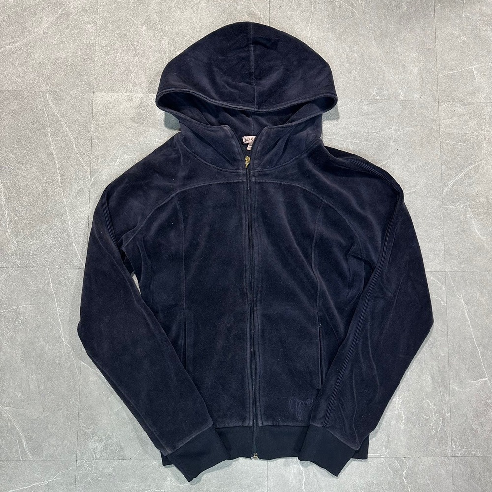 Juicy Couture Navy Blue Velour Full Zip Hoodie Y2K Velvet Sweatshirt XS